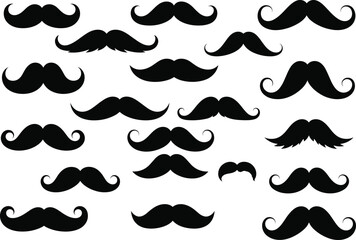 Collection of vintage mustache styles black silhouette vector illustration, retro men grooming design elements for barbershop, fashion and hipster concept