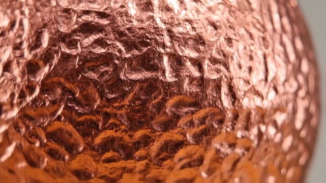 Detailed Macro View Of A Reflective Hammered Copper Metal Surface.