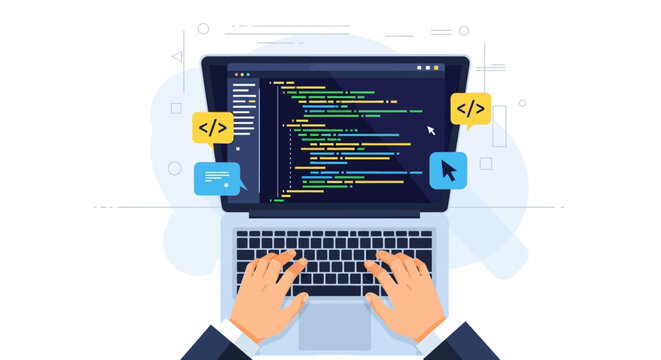 Coding on laptop with code snippets and mouse cursor