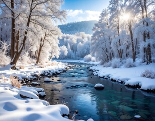 A vibrant winter scene of a snowy river flowing through a frosted forest