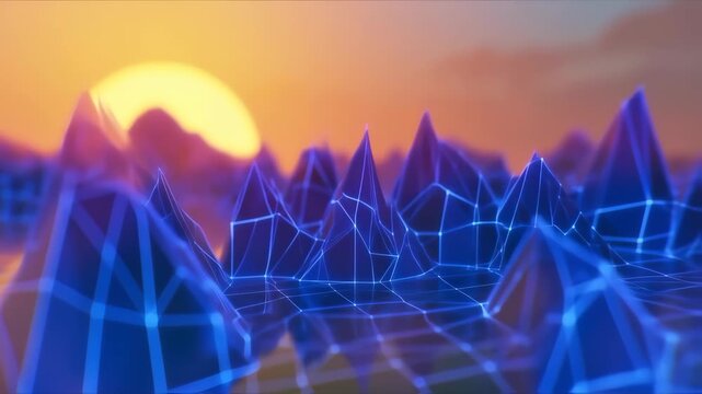 Digital Landscape at Sunset with Futuristic Mountains and Grid Overlay.