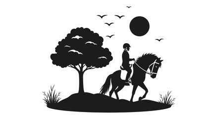 Rider on horseback silhouette with birds and moon
