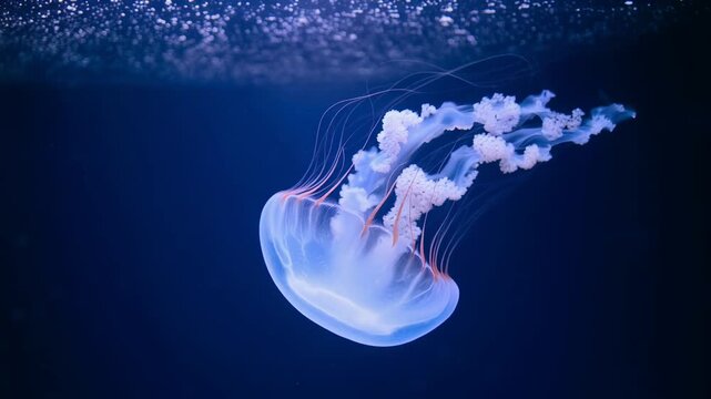 Medusa transl&uacute;cida flotando gr&aacute;cilmente en las profundidades del oc&eacute;ano azul oscuro con burbujas en la superficie.