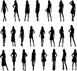 Female silhouette poses in standing positions wearing dresses and heels for fashion design, gesture reference, animation, and vector illustration use.
