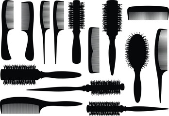 Hairbrush and comb silhouette set with styling tools, grooming accessories, barber elements, vector icons for beauty salon and hair care