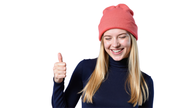 Smiling blonde woman wearing a red winter hat giving a cheerful thumbs-up gesture