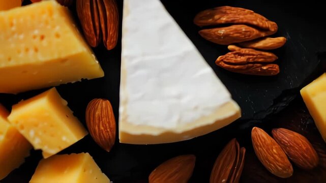 Elegant Gourmet Cheese Board with Assorted Cheeses Grapes and Nuts.