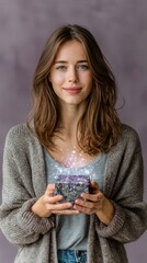Elegant female entrepreneur holding a glowing geometric cube symbolizing innovation and digital creativity in a purple studio setting.