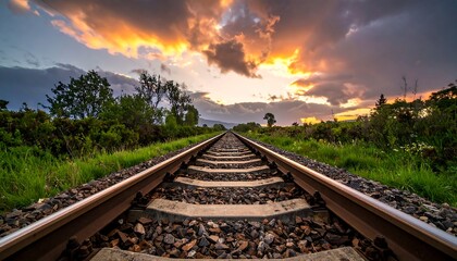 Endless railway tracks stretching into the dramatic sunset sky, surrounded by lush green fields and trees.