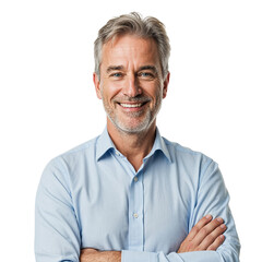 Fototapeta premium Smiling middle aged man with gray hair and beard wearing a blue shirt arms crossed isolated on transparent background