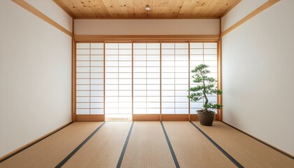 Empty Japanese Room with Shoji Screen and Bonsai Tree Decor