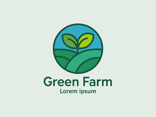 This logo features a vibrant green farm with a young plant in the center, representing growth, sustainability, and a connection to nature, perfect for eco-friendly brands.