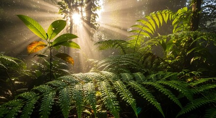 Naklejka premium Sunlight forest ferns nature light green trees plants foliage scenic environment outdoors jungle rays