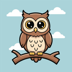 Fototapeta premium Cute cartoon owl perched on a tree branch against a blue sky background.