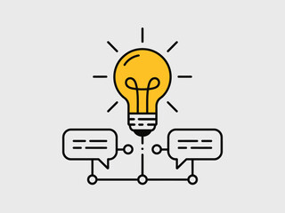 An illustration of a light bulb emitting rays, symbolizing creativity and ideas, surrounded by speech bubbles representing conversation and sharing of thoughts.