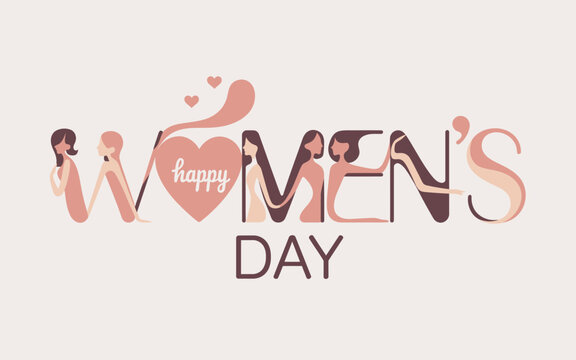 An artistic representation celebrating Women's Day with stylized letters and characters, emphasizing empowerment and unity among women for thoughtful observances.