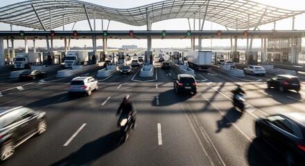 Vehicles passing through a toll booth on a highway, with blurred motion effect.