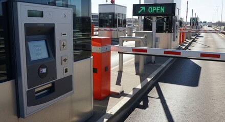 Automated payment kiosk and barrier gate at a modern toll plaza or parking lot entrance.