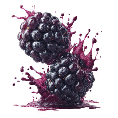 Two blackberries splash with purple juice on black background