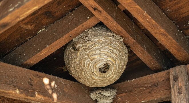 Large paper wasp nest in wooden rafters of a rustic outdoor structure - Powered by Adobe