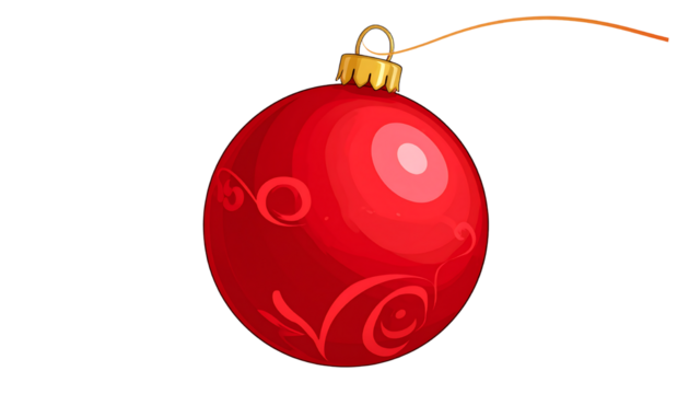 Red christmas ornament with gold top and string, with decorative swirls, isolated on white background