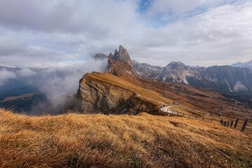 Landscape of the Dolomites Alps. Odle mountain range, Seceda peak in Dolomites, Italy.Nature concept background.