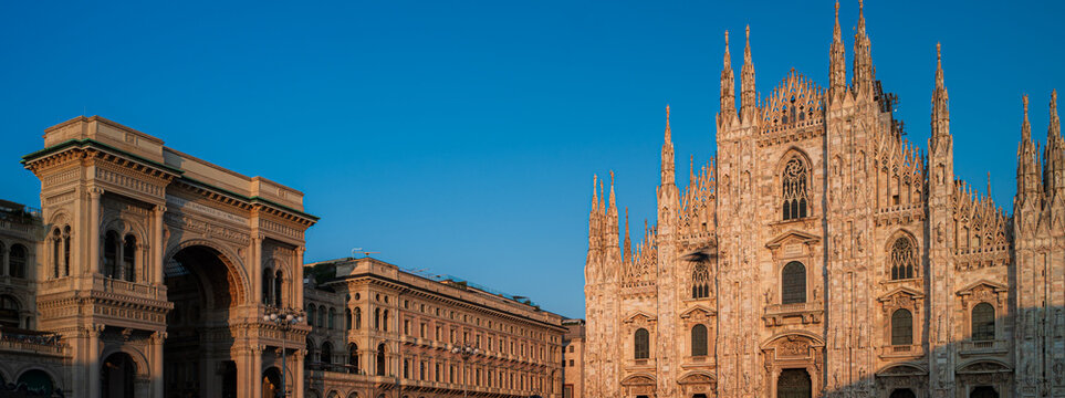 sunset at Duomo di Milano church in Milan Italy.