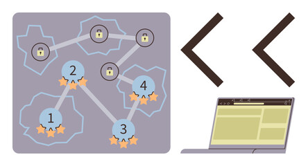 Network structure with secured nodes, numbered levels, and star ratings beside laptop and code symbols. Ideal for cybersecurity, data analysis, programming, ranking system, connectivity, gaming