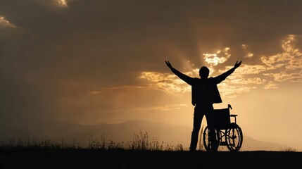 Fototapeta premium Victorious silhouette with outstretched arms on a sun-drenched hillside, wheelchair nearby, symbolizing freedom and overcoming disability with strength and triumph