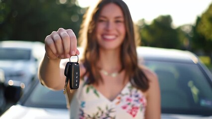Excited young woman proudly displaying car keys, symbolizing new beginnings and freedom
