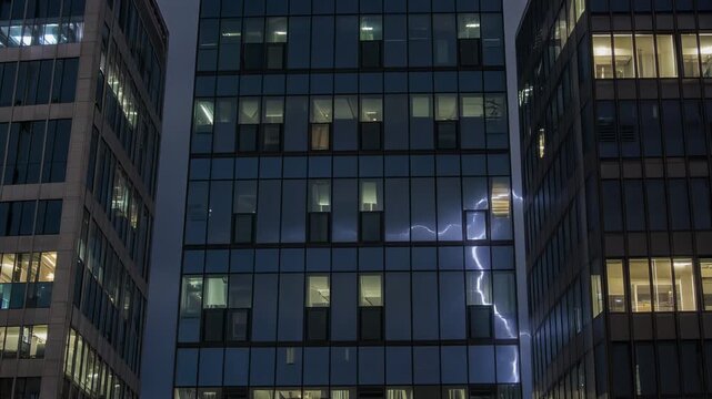 Rayo impactando entre edificios de oficinas modernos al anochecer, con ventanas iluminadas en un cielo oscuro.