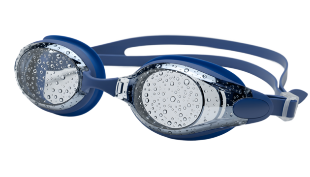 Blue swimming goggles anti fog uv protection waterproof clear vision adult youth triathlon open water swim 100 char on transparent background