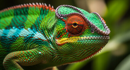 Fototapeta premium Macro closeup of colorful Panther Chameleon in natural habitat