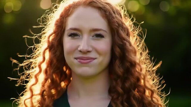 Radiant young woman with vibrant red curly hair smiles warmly at the camera, backlit by golden hour