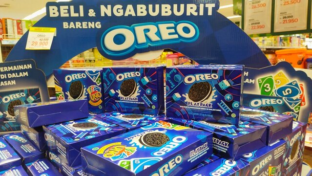 promotional display of stacks of Oreo products in box packaging at the supermarket on March 3, 2024 in Bandung, Indonesia