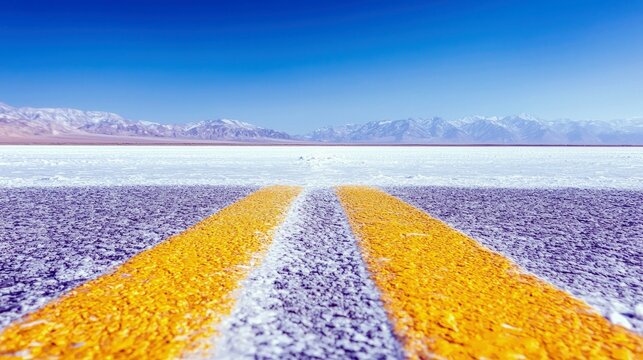 A desolate desert landscape with a paved road marked by yellow lines stretches towards distant snow-capped mountains under a bright blue sky.