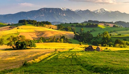Golden Hour Sunlight Illuminates Rolling Hills and Distant Mountains.
