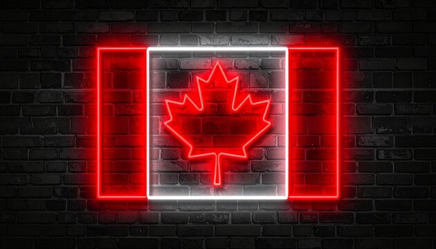 "Neon Canadian flag on dark brick wall — glowing red maple leaf