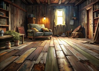 Obraz premium Distressed Wooden Plank Flooring in a Cozy Living Room Ambiance
