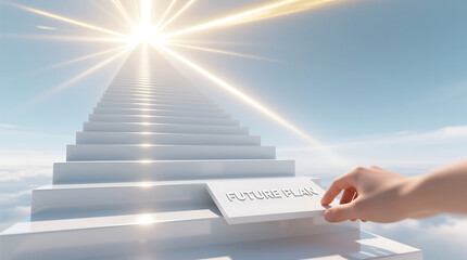Achieving goals with a future plan, climbing steps towards success, a hand guides the way in a skyward journey, symbolizing progress and aspiration