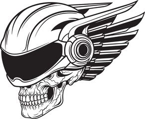 Monochrome line art of a human skull wearing a futuristic winged helmet with a dark visor.