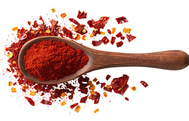 Wooden spoon filled with red chili powder, surrounded by crushed red chili peppers