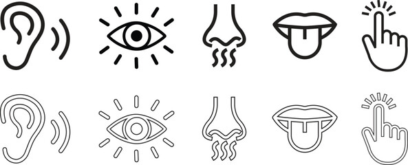 Human senses flat, line icon set. Vision eye, smell nose, hearing ear, touch hand, taste mouth with tongue. Five senses of human nervous system. Design vectors for health, medical, sensory perception.