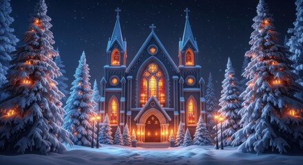 Fototapeta premium Magical winter castle surrounded by snow covered pine trees and warm lights