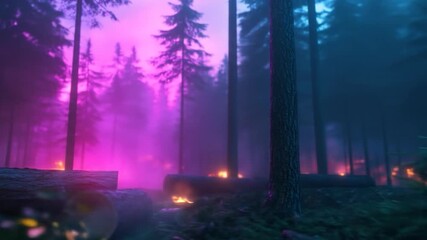 Vibrant forest with glowing embers and neon purple blue light at night - Powered by Adobe