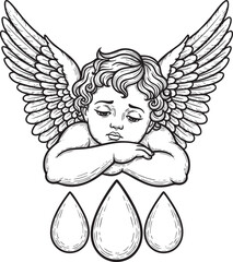Sad winged cherub with curly hair resting on its arms above three large teardrops.
