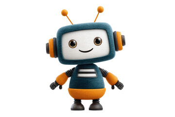 A cheerful robot character with a TV-shaped head, orange accents, and antennae, featuring a friendly expression and humanoid shape.