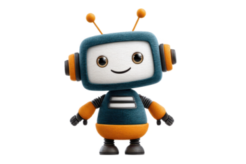 A cheerful robot character with a TV-shaped head, orange accents, and antennae, featuring a friendly expression and humanoid shape.