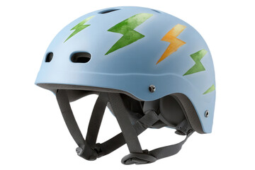 A colorful helmet featuring lightning bolt designs, designed for safety during sports or activities.