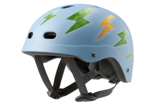 A colorful helmet featuring lightning bolt designs, designed for safety during sports or activities.